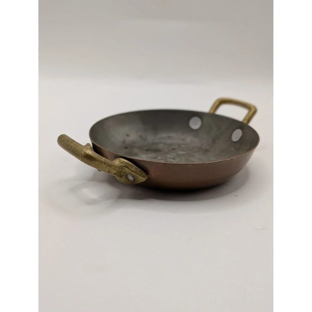 Vintage Miniature Copper Skillet Brass Handles Small Decorative Frying Pan 3.5in